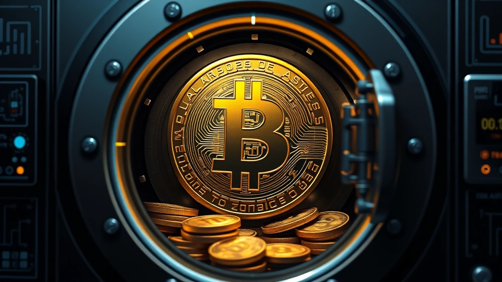 Photorealistic image of a secure digital vault with cryptocurrency coins, golden Bitcoin prominently displayed, modern security technology visualization, safeguarding concept, institutional-grade custody representation, no text or technical indicators