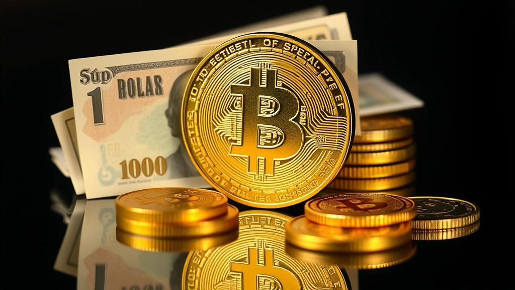 Bitcoin physical representation next to traditional currency and gold coins on reflective surface, representing store of value concept, professional lighting, no price information displayed