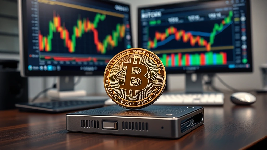 Photorealistic image of a secure Bitcoin hardware wallet on a modern desk with financial charts displayed on a computer monitor in the background, professional lighting, no text