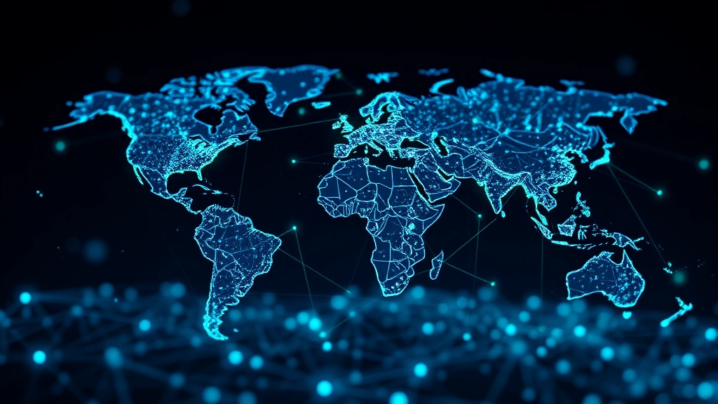 Photorealistic visualization of blockchain network nodes connecting globally, glowing blue and green connections representing Bitcoin transactions across a world map, abstract yet technical appearance, no text or labels