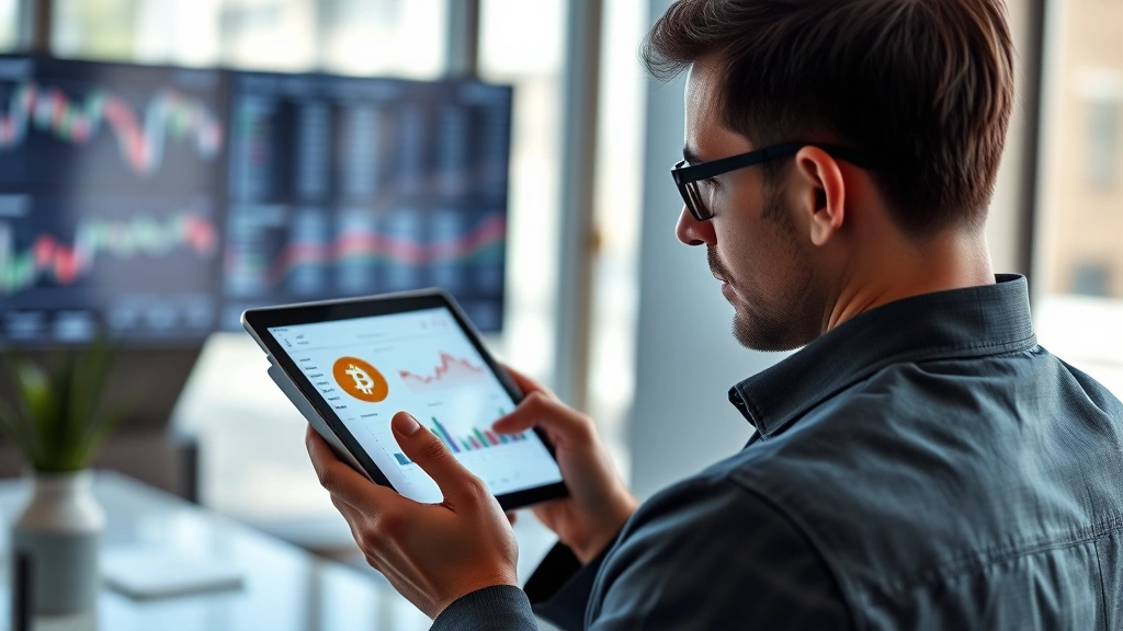 Photorealistic image of a professional investor reviewing portfolio allocation on a tablet device, with Bitcoin and traditional stock asset icons visible, modern office setting with financial data displays, no text