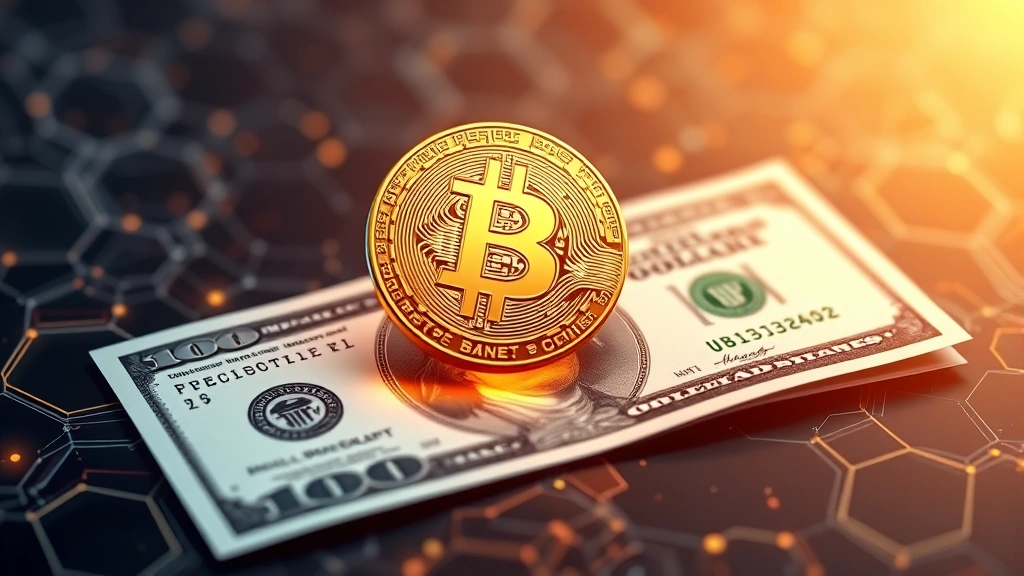 Digital Bitcoin coin floating above a glowing US dollar bill, futuristic financial technology background with blockchain network patterns, photorealistic 3D rendering, no text