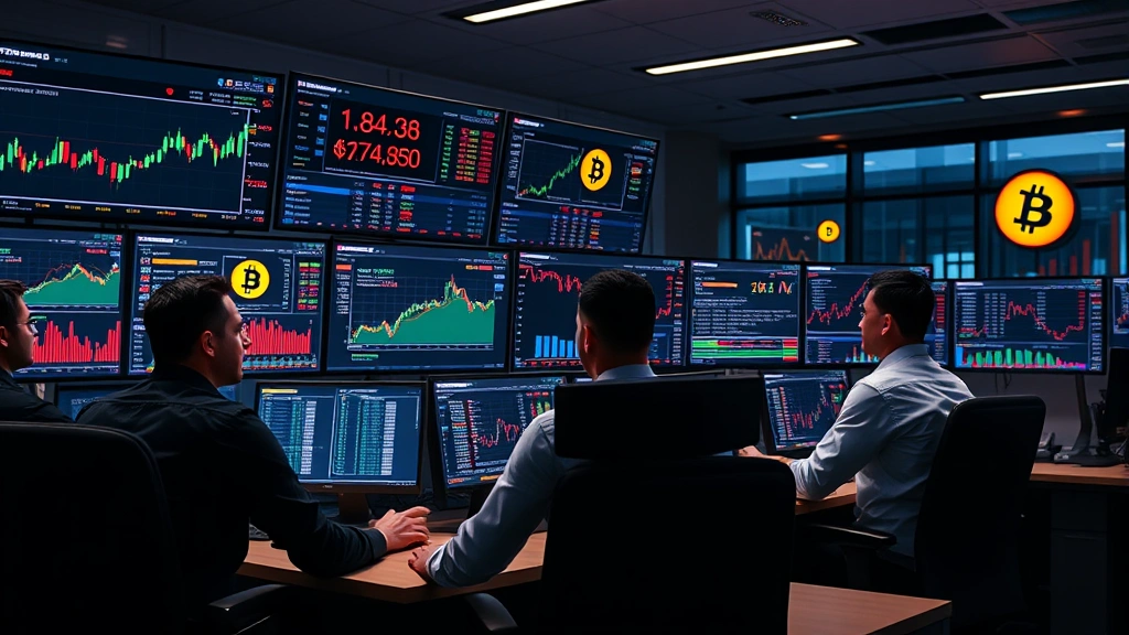 Cryptocurrency trading desk with multiple monitors displaying live market data, professional traders analyzing Bitcoin price charts, modern financial office environment, photorealistic, no text