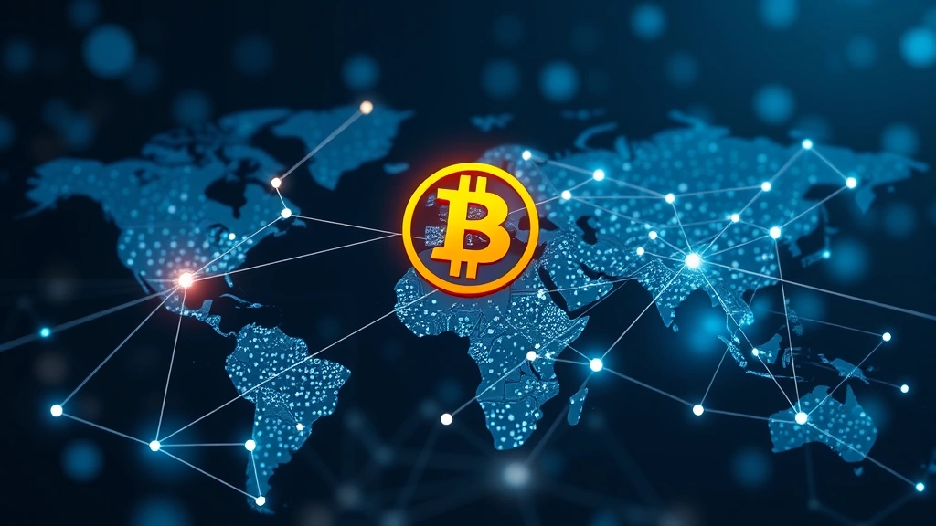 Abstract representation of global financial markets with Bitcoin symbol connected to worldwide network nodes, financial connectivity visualization, photorealistic digital art style, no text