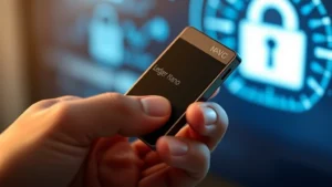 Photorealistic image of a hardware cryptocurrency wallet device (like Ledger Nano) being held in a hand, with soft lighting and blurred secure background, showing physical security concept