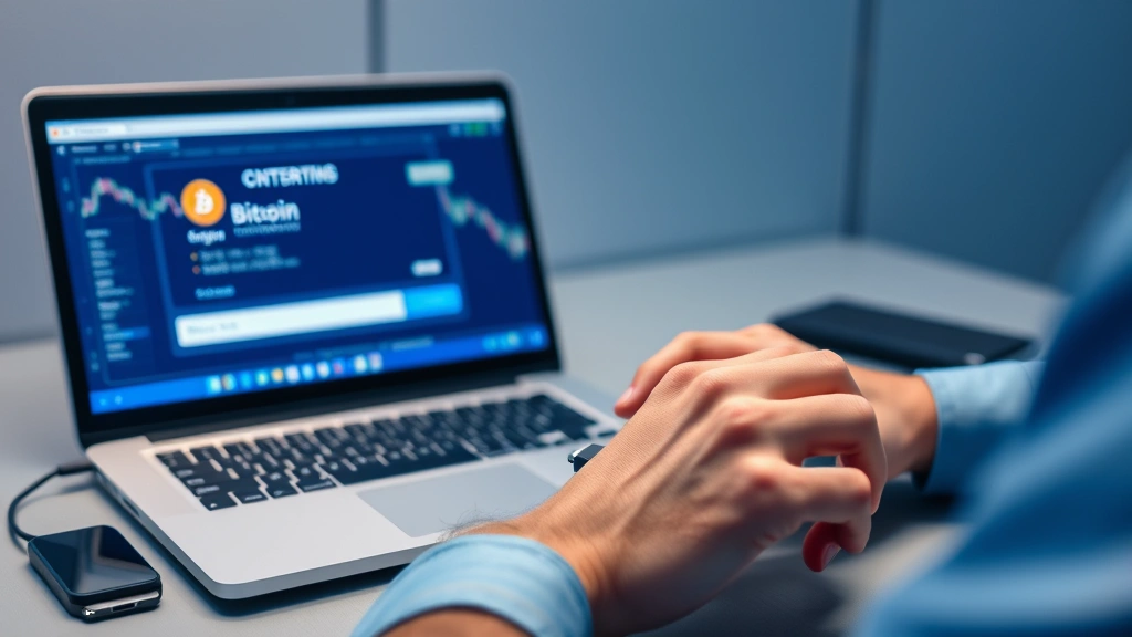 Professional cryptocurrency trader using a hardware wallet device connected to a laptop displaying Bitcoin transaction confirmation screen, minimalist workspace with blue and silver tones