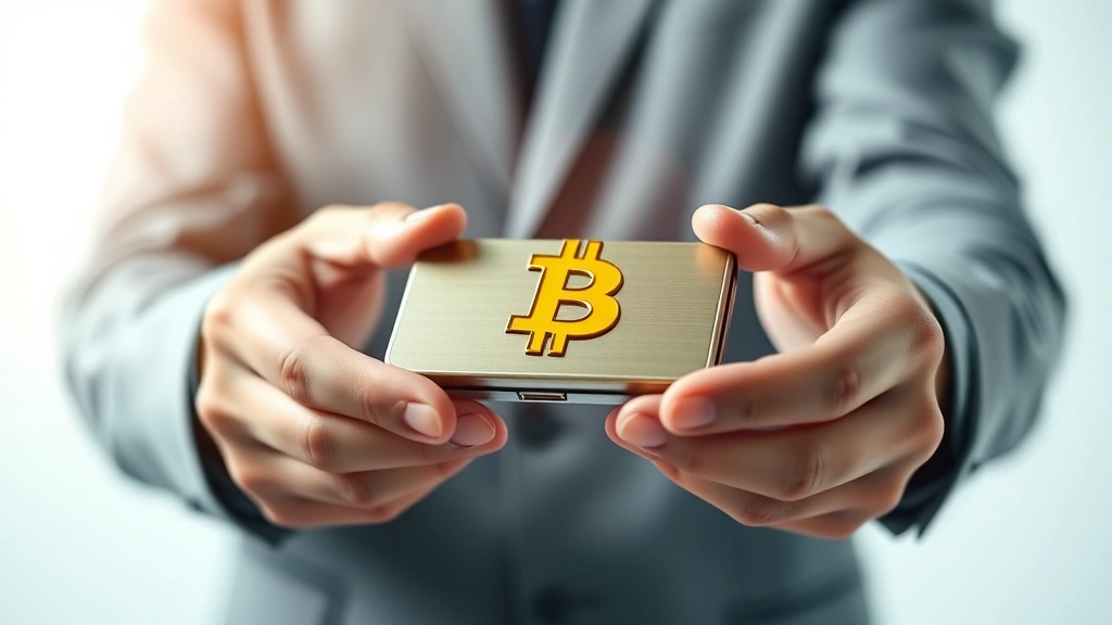 Professional cryptocurrency security concept: hands holding a hardware wallet device with Bitcoin symbol, modern fintech aesthetic, soft studio lighting, shallow depth of field, clean minimalist background