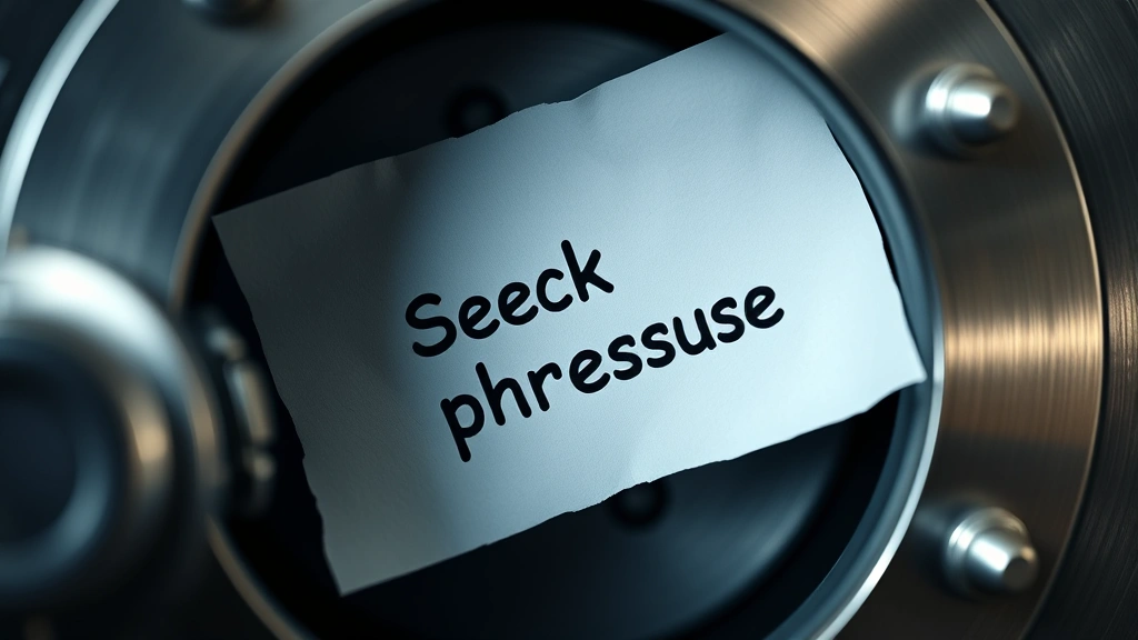 Close-up photorealistic view of a paper with seed phrase words written on it, locked in a metal safe or vault, showing backup security and offline storage protection