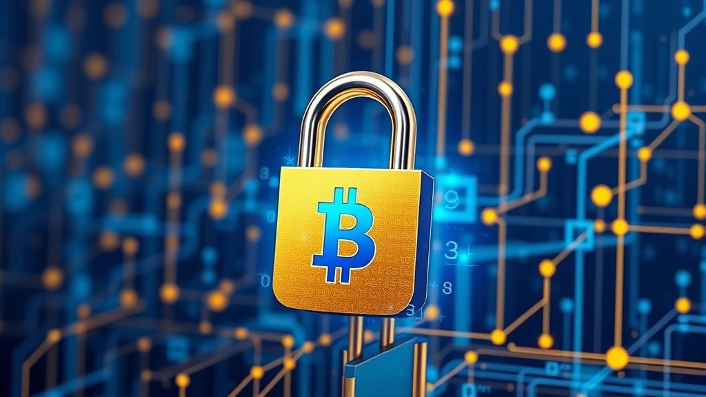 Digital security visualization: padlock with cryptocurrency symbols, blockchain network visualization in background, blue and gold color scheme, representing wallet encryption and protection, photorealistic render