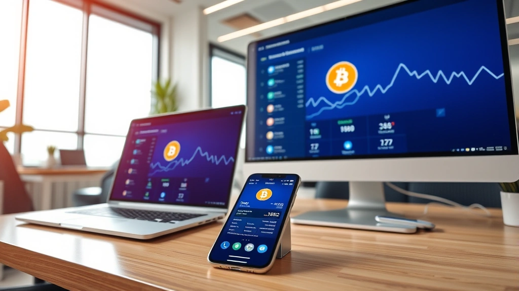 Modern fintech workspace: multiple devices showing Bitcoin wallets on screens, smartphone with wallet app, hardware wallet on desk, professional office setting, natural daylight, contemporary design