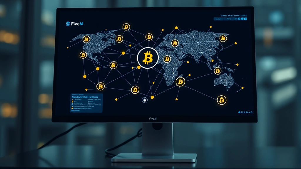 Photorealistic image of a computer monitor displaying blockchain network visualization with interconnected nodes and Bitcoin symbols, representing FiveM server architecture and cryptocurrency data flow