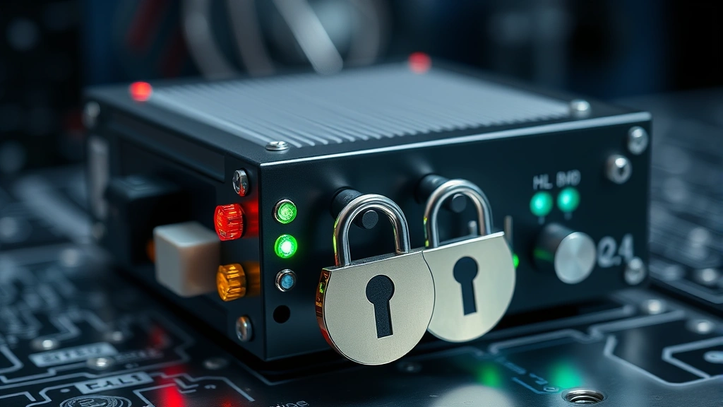 Detailed photograph of a hardware security module (HSM) device with LED indicators and security locks, symbolizing cryptocurrency key management and secure wallet infrastructure