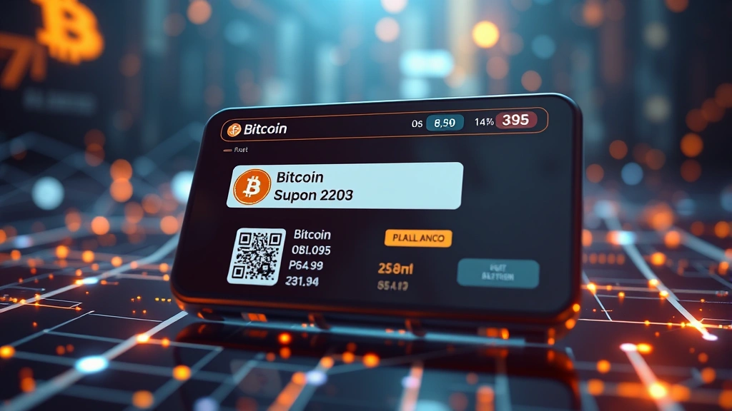 Photorealistic scene of a digital wallet interface with Bitcoin address QR codes, transaction confirmations, and balance displays overlaid on a futuristic holographic background
