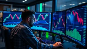 Cryptocurrency trader analyzing Bitcoin candlestick charts with fractal pattern overlays on multiple monitors in modern trading office with blue and green lighting