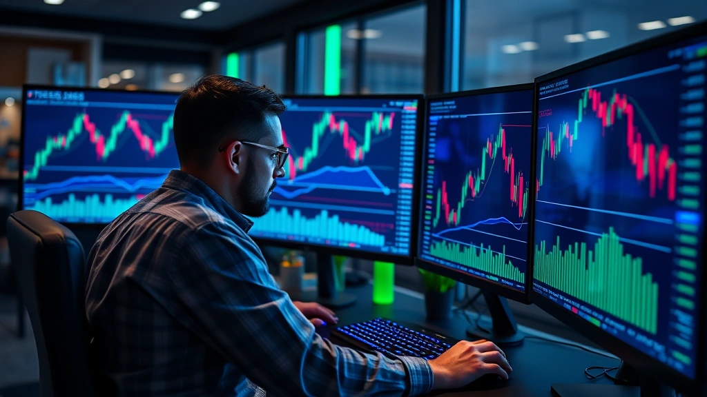 Cryptocurrency trader analyzing Bitcoin candlestick charts with fractal pattern overlays on multiple monitors in modern trading office with blue and green lighting