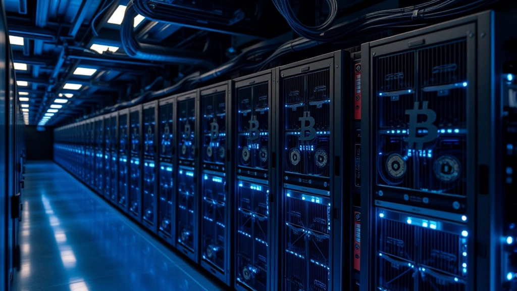 Bitcoin mining farm with rows of ASIC miners illuminated with cool blue light, showing the computational backbone of cryptocurrency networks