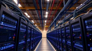 Industrial Bitcoin mining facility with rows of ASIC miners, blue LED lights illuminating specialized hardware in a large warehouse, cables organized overhead, professional cryptocurrency mining operation center