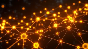 Digital illustration of blockchain network nodes interconnected with glowing lines, cryptocurrency symbols floating in cyberspace, representing Bitcoin mining infrastructure and computational networks without any text or labels