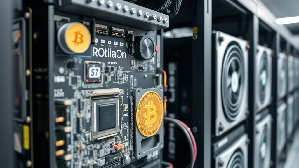 Close-up of ASIC Bitcoin miner hardware showing circuit boards and cooling systems, modern cryptocurrency mining equipment with visible heat sinks and electronic components in datacenter environment