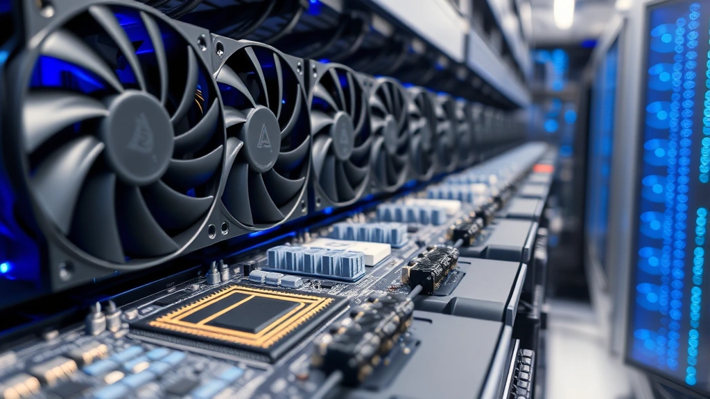 Close-up of modern ASIC mining hardware with circuit boards and cooling fans, showing specialized Bitcoin mining equipment in a professional data center environment with blue LED lights