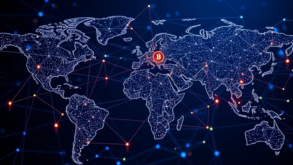 Cryptocurrency blockchain network visualization with interconnected nodes and digital transactions flowing across globe, abstract Bitcoin network infrastructure representing distributed ledger technology and mining process