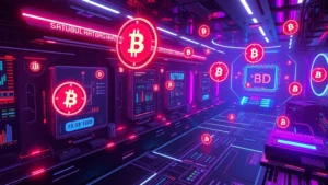 Futuristic digital gaming environment with blockchain nodes and cryptocurrency symbols floating in a cyberpunk aesthetic, neon lighting, no text or charts