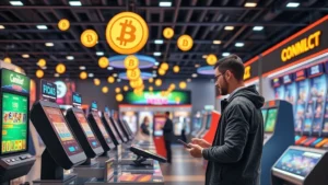 Photorealistic image of a modern retail gaming store interior with digital payment terminals and cryptocurrency symbols floating in the background, showing a customer making a transaction with modern technology
