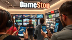 Modern GameStop retail store interior with gaming displays, customers holding mobile devices with crypto wallet apps visible on screens, warm lighting, contemporary design elements, digital payment terminals, no text or logos visible