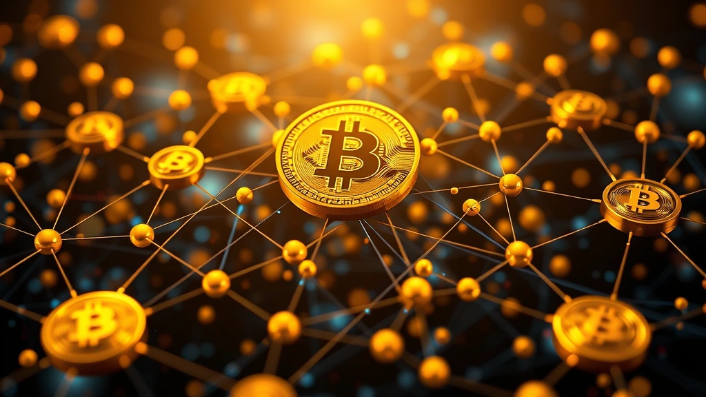 Bitcoin and blockchain technology visualization with interconnected nodes and digital wallet interface, abstract tech background, photorealistic style, no readable text