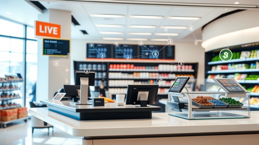 Modern retail checkout counter merging with digital blockchain elements, showing payment processing and cryptocurrency concepts, clean professional design, no visible text