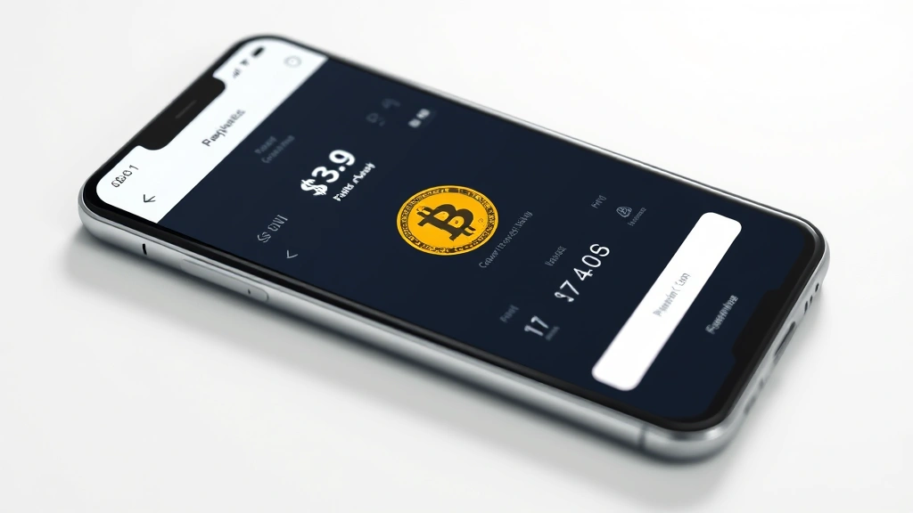 Photorealistic image of a digital wallet interface on a smartphone screen with Bitcoin and payment processing visualization, modern minimalist design, cryptocurrency transaction in progress