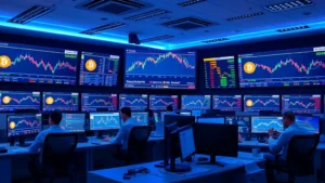 Photorealistic image of a modern cryptocurrency trading office with multiple monitors displaying Bitcoin price charts and trading data, professional traders working at desks, blue and green accent lighting, no text or ticker symbols visible
