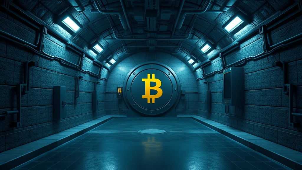 Photorealistic image of a secure underground bitcoin vault or cryptocurrency cold storage facility with advanced security systems, steel walls, professional lighting, no text or labels, emphasizing institutional-grade security