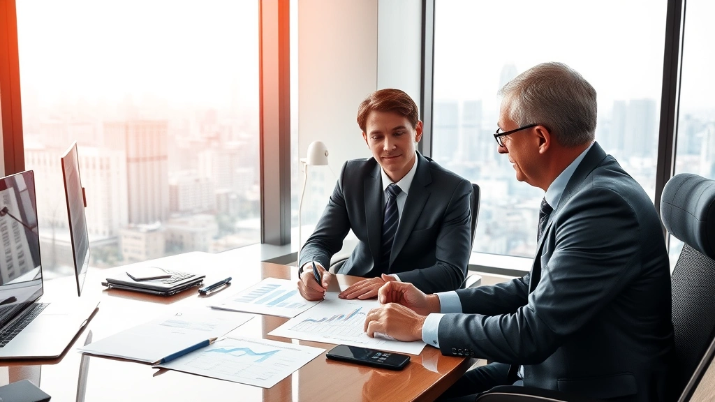 Photorealistic image of a financial advisor meeting with a client in a modern office, reviewing investment portfolio documents and charts on a desk, professional setting with windows showing city skyline, no visible text on documents