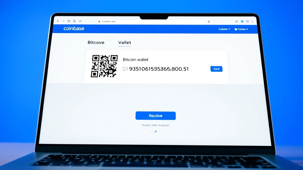 Photorealistic image of a laptop screen showing the Coinbase dashboard with Bitcoin wallet section highlighted, displaying a QR code and alphanumeric address string, clean modern interface with blue and white colors, close-up view of the receive button area