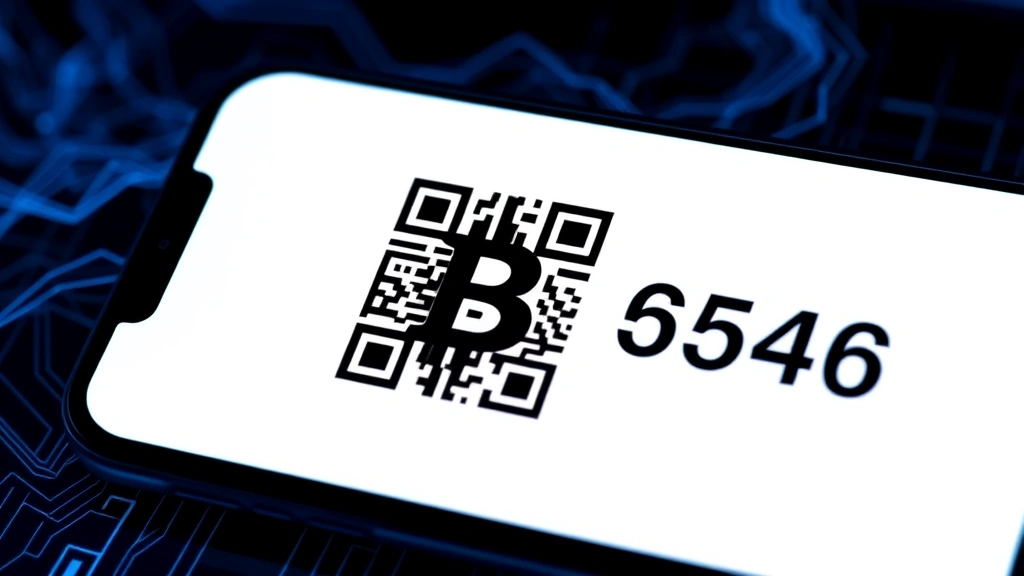 Digital illustration of a Bitcoin address QR code displayed on a smartphone screen with a glowing blue background, showing modern cryptocurrency wallet interface elements