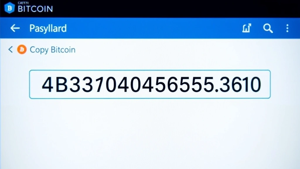 Digital Bitcoin wallet interface showing a long alphanumeric address string with copy button icon highlighted, modern clean design with blue and white colors, realistic screenshot style, cryptocurrency security concept