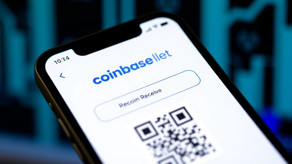 Close-up view of a smartphone displaying the Coinbase mobile app interface with the Bitcoin wallet receive button highlighted, showing a QR code on screen in a modern fintech setting