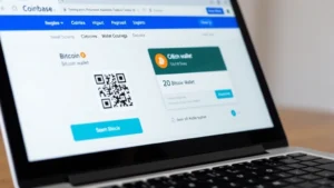 Close-up of a laptop screen showing the Coinbase dashboard with Bitcoin wallet highlighted, displaying a QR code and alphanumeric address on a clean interface, professional cryptocurrency platform design