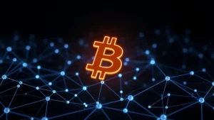 Digital cryptocurrency Bitcoin symbol glowing on dark blockchain network background with connected nodes, photorealistic modern tech aesthetic