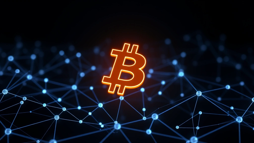 Digital cryptocurrency Bitcoin symbol glowing on dark blockchain network background with connected nodes, photorealistic modern tech aesthetic