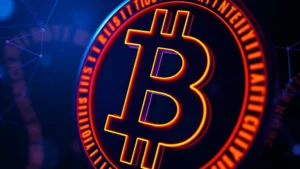 Close-up of a digital Bitcoin symbol glowing in blue and orange neon against a dark gradient background with blockchain network connections visible