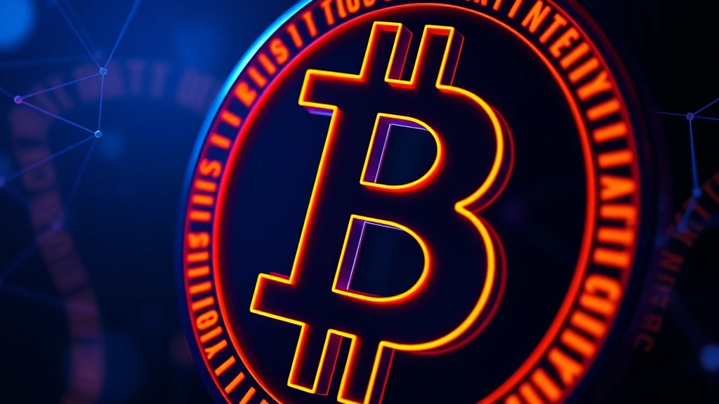 Close-up of a digital Bitcoin symbol glowing in blue and orange neon against a dark gradient background with blockchain network connections visible