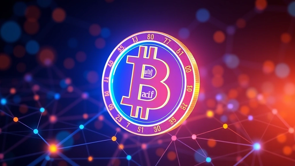 Digital Bitcoin symbol glowing in blue and orange, abstract blockchain network nodes connecting in background, futuristic cryptocurrency visualization, no text or numbers visible