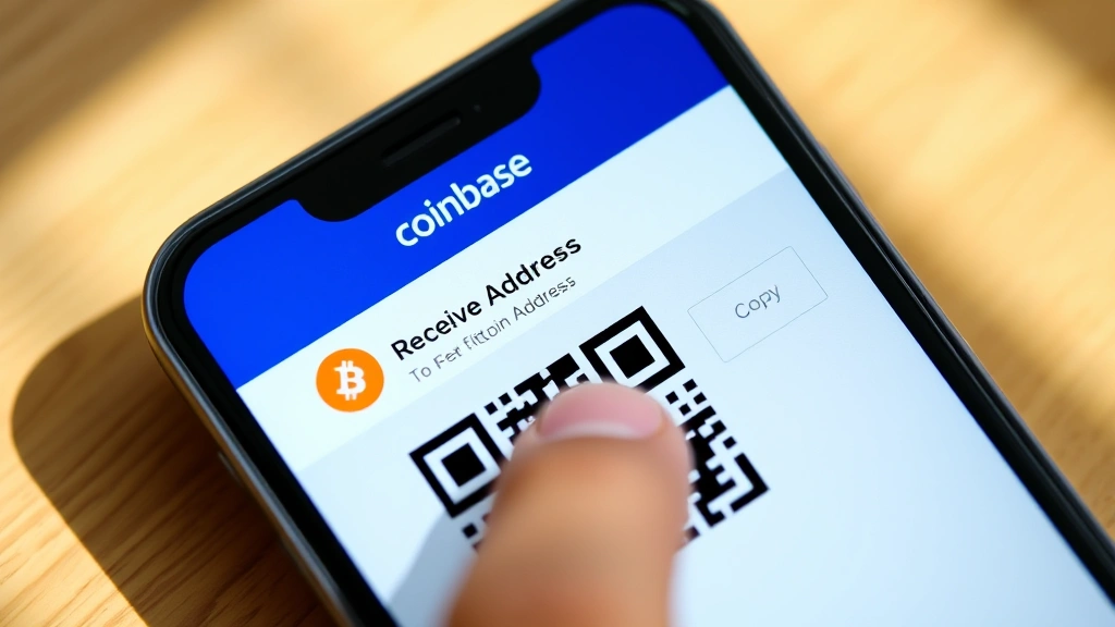 Photorealistic image of a smartphone displaying the Coinbase mobile app with the Bitcoin wallet open, showing the receive address with QR code visible, finger pointing toward the copy button, natural lighting on the device screen