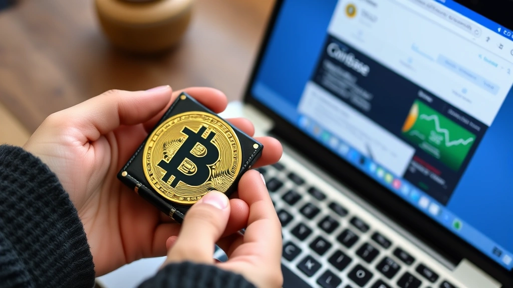 Close-up photograph of hands holding a hardware wallet device next to a laptop displaying Coinbase interface, representing secure Bitcoin storage options