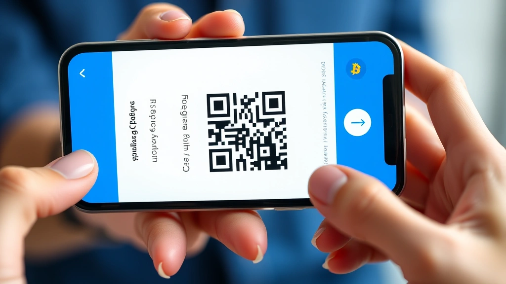 Person holding smartphone displaying Coinbase mobile app with Bitcoin receive QR code prominently featured, modern smartphone screen, crypto payment receiving, professional cryptocurrency app interface