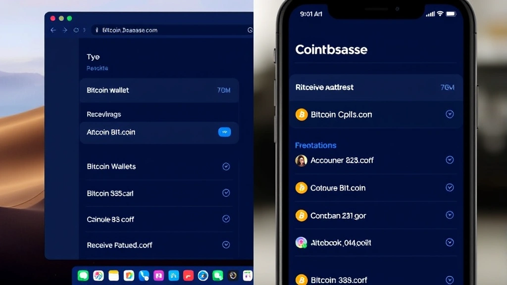 Split-screen comparison showing desktop and mobile Coinbase interfaces side by side, both displaying Bitcoin wallet addresses and receive options with clean UI design