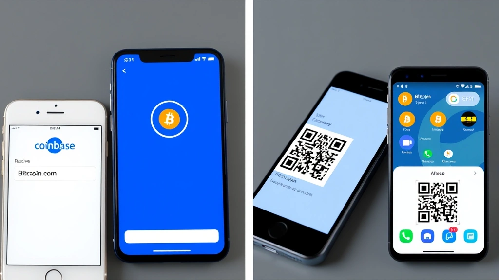Split-screen showing iOS and Android mobile phones displaying the Coinbase app receive screen with Bitcoin address and QR code visible, modern smartphone interfaces with cryptocurrency icons