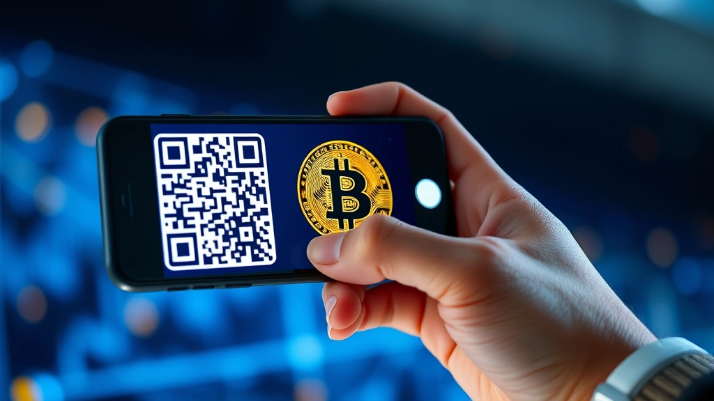 Person using smartphone to scan QR code for Bitcoin payment, blue and gold lighting, secure digital transaction concept, photorealistic